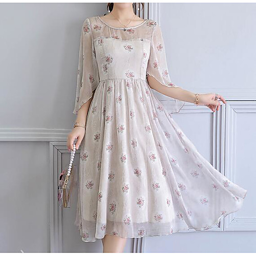 

Women's Chiffon Dress Midi Dress Beige 3/4 Length Sleeve Floral Summer Round Neck Streetwear M L XL XXL 3XL / Plus Size