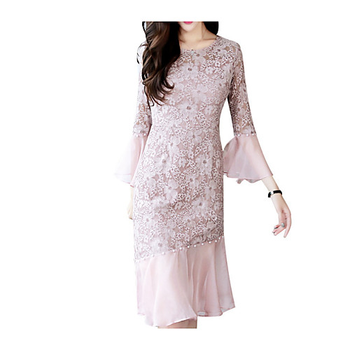 

Women's Bodycon Short Mini Dress Black Blushing Pink Beige 3/4 Length Sleeve Dusty Rose Solid Colored Lace Spring Summer Round Neck Lace S M L XL