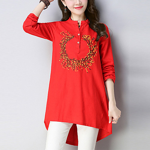 

Women's Shirt Floral Print Long Sleeve Going out Tops Cotton Chinoiserie Red Navy Blue