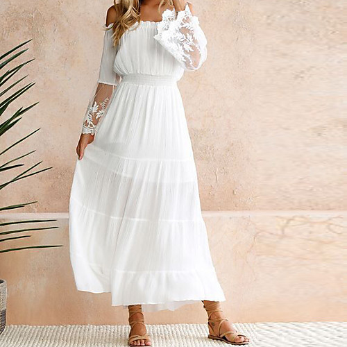 

Women's Swing Dress Maxi long Dress White Long Sleeve White Solid Colored Lace Spring Summer Off Shoulder Hot Off Shoulder S M L XL
