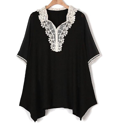

Women's Blouse Solid Colored Plus Size Lace Short Sleeve Daily Tops Black