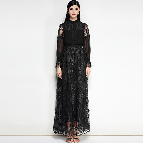 

Women's Swing Dress Maxi long Dress White Black Long Sleeve Floral Basic Spring Summer Stand Collar Boho Party Slim S M L XL XXL