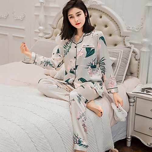 

Women's Silk Square Neck Suits Pajamas - Print, Plants