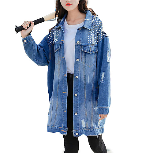 

Women's Creative Sequins Vintage Spring Denim Jacket Regular Daily Long Sleeve Polyester Coat Tops Blue