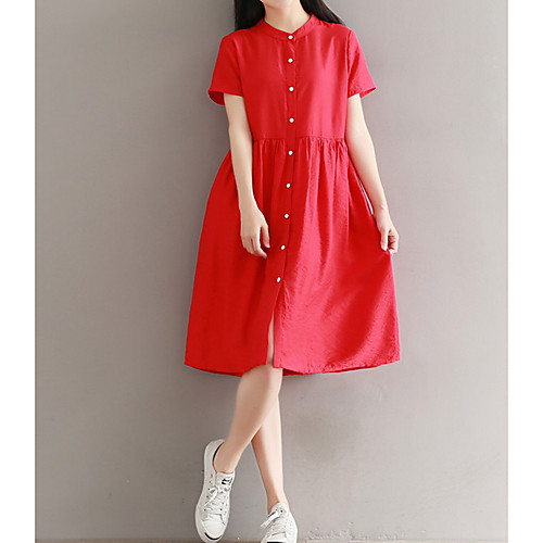 

Women's Loose Knee Length Dress Red Yellow Short Sleeve Solid Colored Summer Round Neck M L XL XXL