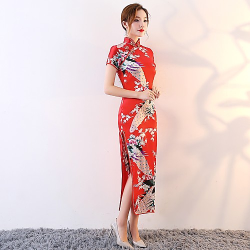 

Bride Women's Chinese Style Chinese Red Cheongsam Vacation Dress Dress Pencil Dress A-Line Dress For Engagement Party Bridal Shower Cotton Floral / Botanical