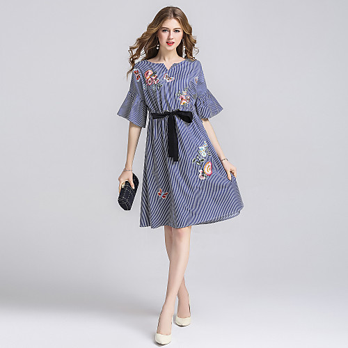 

Women's Loose Short Mini Dress Blue Half Sleeve Striped Embroidered Bow Summer V Neck Streetwear Holiday Flare Cuff Sleeve Cotton S M L XL XXL