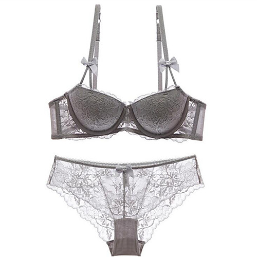 

Women's Lace Push-up Underwire Bra 3/4 Cup Bra & Panty Set Solid Colored Embroidered Sexy Cotton Daily Wine Black Beige
