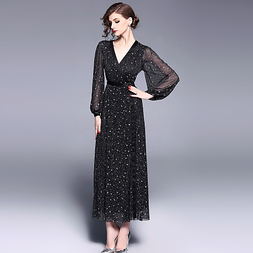 

Women's Swing Dress Maxi long Dress Black Long Sleeve Abstract Mesh Spring Summer V Neck Vintage Party S M L XL / High Waist