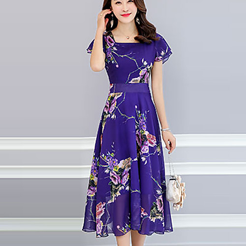 

Women's Sheath Dress Midi Dress Black Blue Purple Red Lavender Short Sleeve Floral Print Summer Square Neck Sophisticated Boho M L XL XXL 3XL 4XL / Plus Size