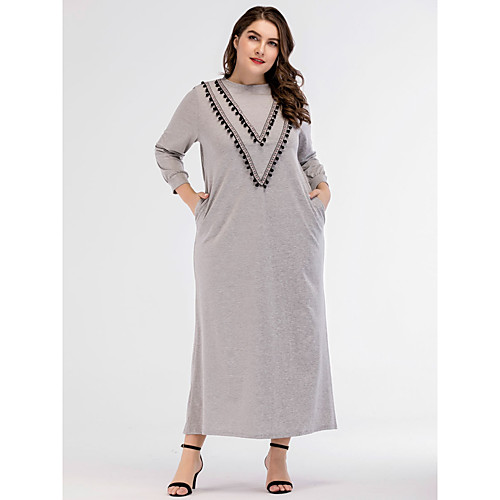 

Women's Shift Dress Maxi long Dress Gray Long Sleeve Solid Colored Tassel Fringe Fall Spring Round Neck Basic Boho Cotton M L XL XXL 3XL 4XL / Plus Size