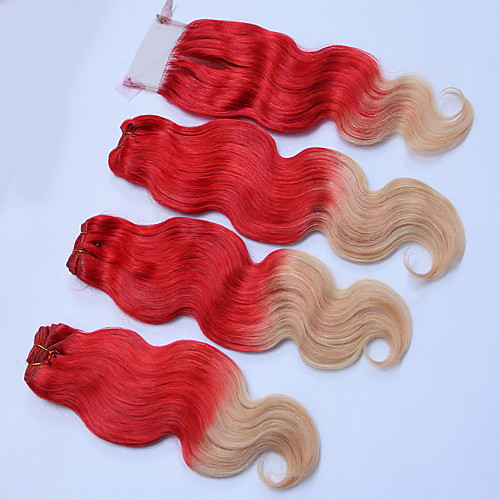 

3 Bundles with Closure Brazilian Hair Wavy Human Hair 340 g Ombre Hair Weaves / Hair Bulk One Pack Solution Human Hair Extensions Red Multi-color Human Hair Weaves Silky Ombre Hair Human Hair / 8A