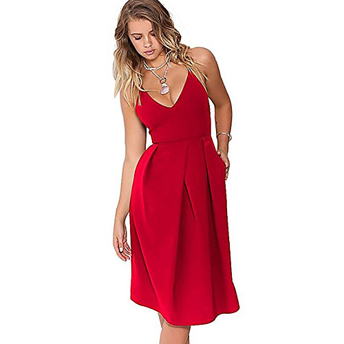 

Women's Strap Dress Knee Length Dress Black Blue Red Wine Sleeveless Solid Colored Pleated Summer Off Shoulder Streetwear Sophisticated Cotton XS S M L XL XXL