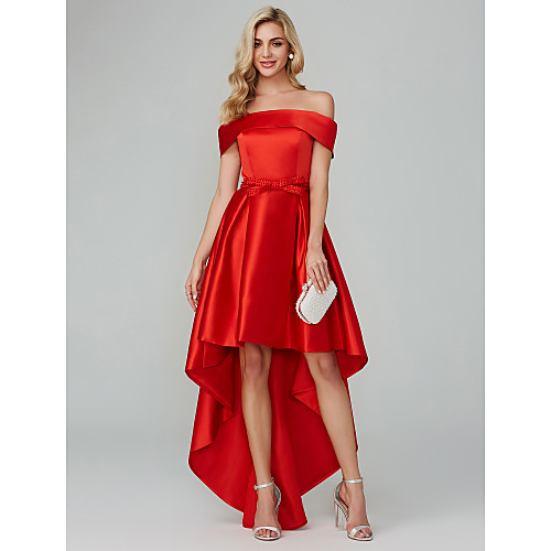

A-Line Minimalist Holiday Homecoming Cocktail Party Dress Off Shoulder Short Sleeve Asymmetrical Satin with Bow(s) 2021