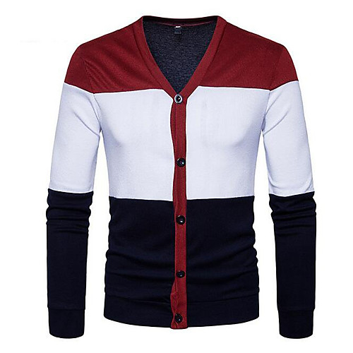 

Men's Streetwear Color Block Cardigan Long Sleeve Regular Sweater Cardigans V Neck Spring Summer Black Navy Blue