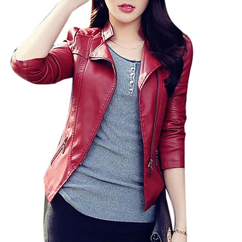 

Women's Solid Colored Basic Fall Notch lapel collar Faux Leather Jacket Short Going out Long Sleeve PU Coat Tops Black