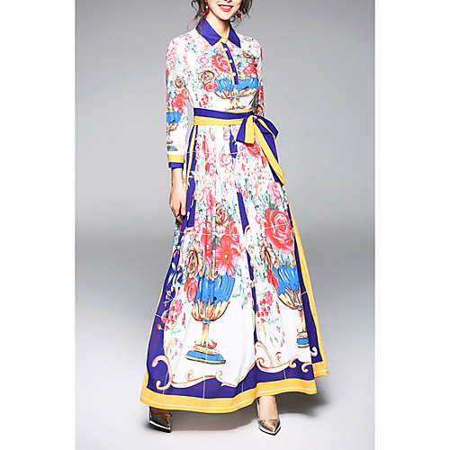 

Women's Sheath Dress Maxi long Dress Rainbow Long Sleeve Floral Summer Shirt Collar S M L XL XXL