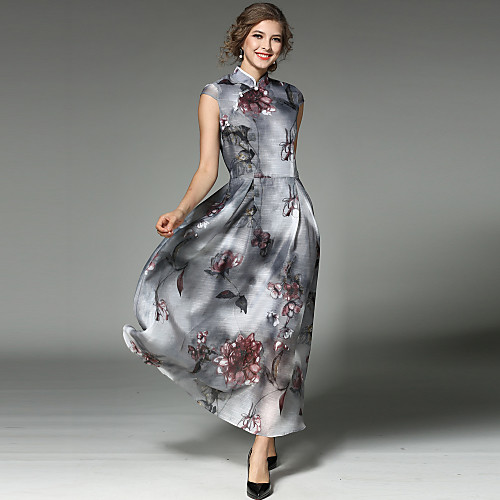 

Women's Swing Dress Maxi long Dress Dark Gray Sleeveless Floral Print Spring Summer Stand Collar Vintage Streetwear Holiday Going out S M L XL XXL