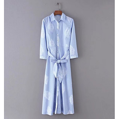 

Women's Sheath Dress Maxi long Dress Blue 3/4 Length Sleeve Striped Summer Shirt Collar Streetwear S M L
