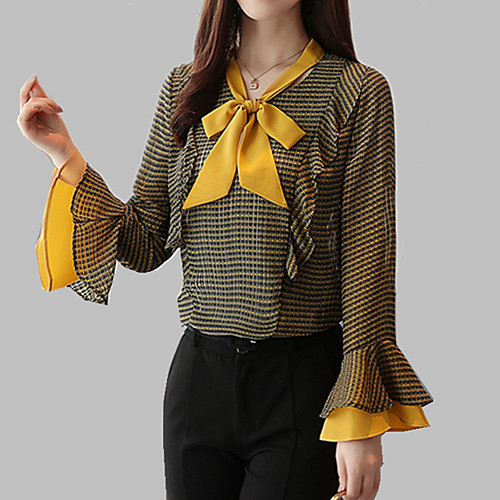 

Women's Blouse Houndstooth Long Sleeve Daily Tops Basic Streetwear Yellow Gray