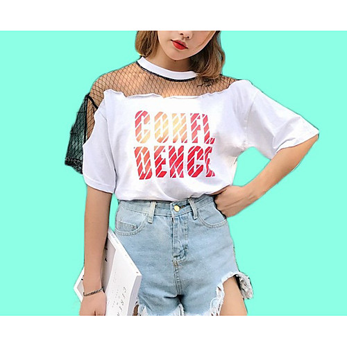 

Women's T shirt Solid Colored Letter Mesh Patchwork Half Sleeve Daily Tops Cotton White Black