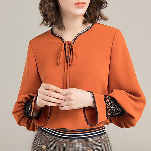 

Women's Blouse Solid Colored Lace Long Sleeve Daily Tops Basic Orange Gray