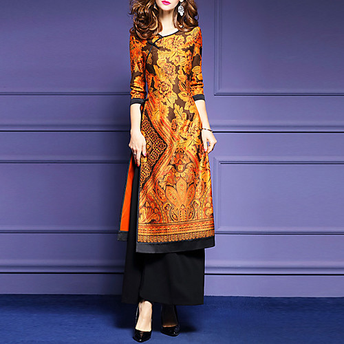 

Women's Loose Maxi long Dress Yellow Floral Print Spring Round Neck Streetwear S M L XL XXL 3XL / Plus Size