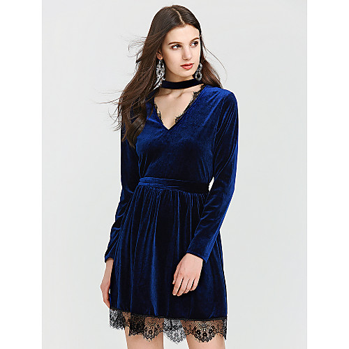 

Women's Sheath Dress Short Mini Dress Black Purple Blue Long Sleeve Solid Colored Lace Fall Spring Crew Neck Cotton Velvet S M L XL