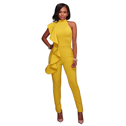 

Women's Streetwear Daily Holiday Turtleneck White Black Yellow Slim Jumpsuit Solid Colored Ruffle High Waist Cotton / Harem