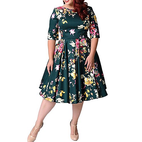 

Women's A Line Dress Knee Length Dress Black Green Short Sleeve Floral Print Summer Round Neck Vintage XXL 3XL 4XL 5XL 6XL 7XL 8XL 9XL / Plus Size