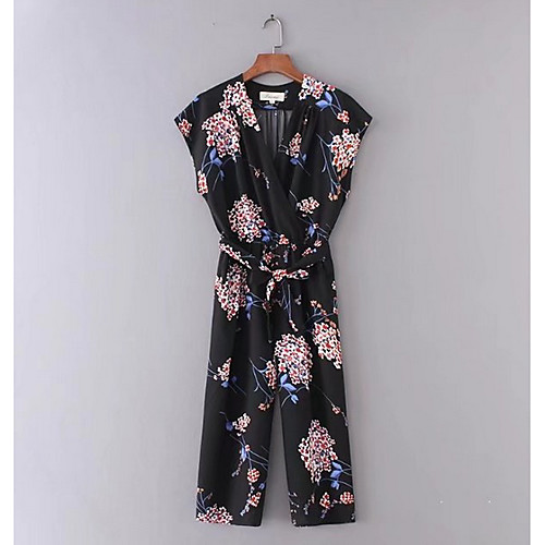 

Women's Daily V Neck Black Jumpsuit Floral / Wide Leg