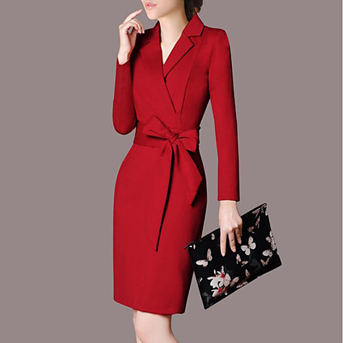 

Women's Plus Size Bodycon Dress - 3/4 Length Sleeve Solid Colored Bow Fall Shirt Collar Street chic Sophisticated Party Work Slim Bow Black Red S M L XL XXL XXXL XXXXL / Sexy