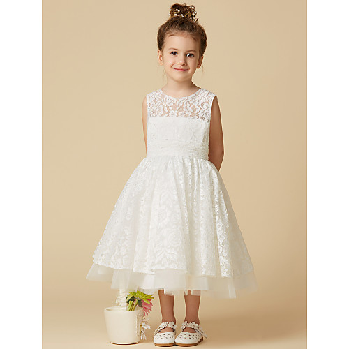 

A-Line Tea Length Wedding / First Communion Flower Girl Dresses - Lace / Tulle Sleeveless Jewel Neck with Lace