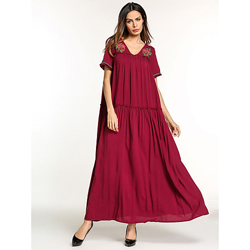 

Women's Sheath Dress Maxi long Dress Wine Short Sleeve Solid Colored Embroidered Spring Summer V Neck Basic Boho Cotton M L XL XXL