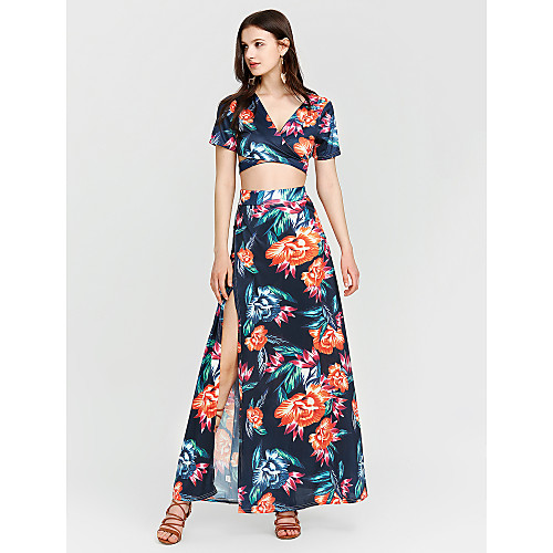 

Women's Bodycon Maxi long Dress Navy Blue Short Sleeve Floral Summer V Neck Streetwear Cotton Floral S M L XL