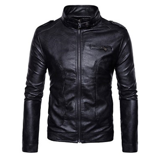 

Men's Leather Jackets Solid Colored Streetwear Fall Faux Leather Jacket Short Daily Long Sleeve PU Coat Tops Black