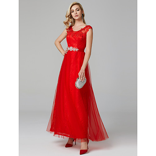 

Sheath / Column Elegant Holiday Cocktail Party Prom Dress Scoop Neck Sleeveless Floor Length Lace Tulle with Crystals Appliques 2021