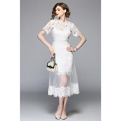 

Women's A Line Dress Midi Dress White Short Sleeve Solid Colored Lace Summer Round Neck M L XL XXL