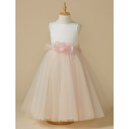 

A-Line Tea Length Pageant Flower Girl Dresses - Satin / Tulle Sleeveless Jewel Neck with Bow(s) / Flower