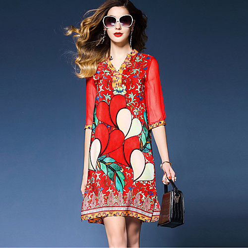 

Women's Loose Short Mini Dress Red Half Sleeve Red Floral Print Spring Summer V Neck Streetwear Sophisticated M L XL XXL