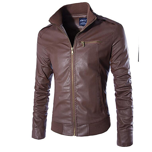 

Men's Leather Jackets Solid Colored Print Basic Spring Faux Leather Jacket Regular Daily Long Sleeve PU Coat Tops Black