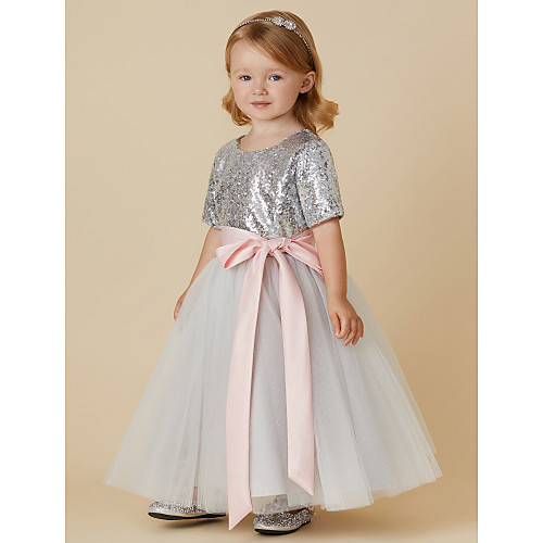 

A-Line Ankle Length Pageant Flower Girl Dresses - Tulle / Sequined Short Sleeve Jewel Neck with Sash / Ribbon / Bow(s) / Sequin