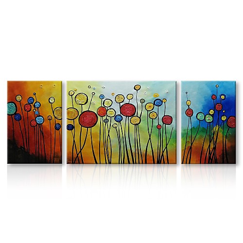 

Oil Painting Hand Painted Horizontal Panoramic Abstract Floral / Botanical Comtemporary Traditional Stretched Canvas / Three Panels