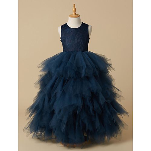 

Ball Gown Floor Length Pageant Flower Girl Dresses - Lace Over Tulle Sleeveless Scoop Neck with Lace