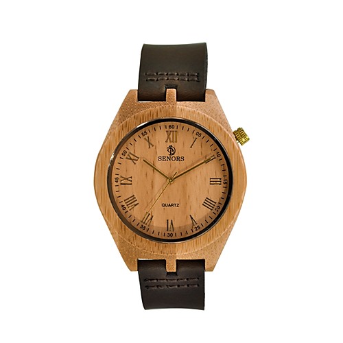 

Men's Wood Watch Japanese Quartz Genuine Leather Brown Wooden Analog Vintage - Black Brown Two Years Battery Life