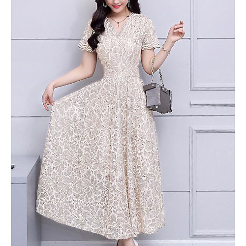 

Women's A Line Dress Midi Dress Yellow Orange Navy Blue Beige Short Sleeve Geometric Lace Summer V Neck M L XL XXL 3XL 4XL / Plus Size