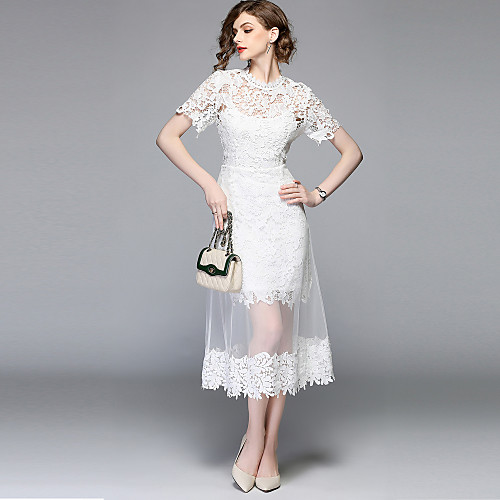 

Women's A Line Dress Midi Dress White Short Sleeve Solid Colored Mesh Lace Spring Summer Round Neck Streetwear Sophisticated Party Going out S M L XL XXL