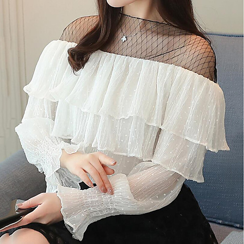 

Women's T shirt Color Block Lace Long Sleeve Holiday Tops Streetwear White Blushing Pink Green