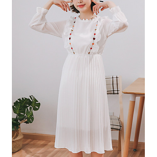 

Women's Shift Dress Midi Dress White Long Sleeve Black Geometric Spring Round Neck Loose S M L