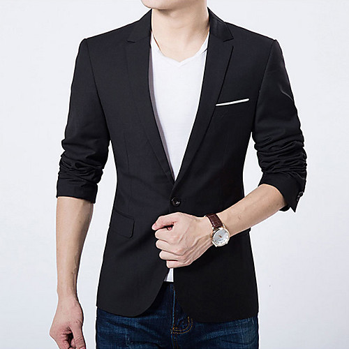 

Men's Daily / Work Spring / Fall Plus Size Regular Blazer, Solid Colored Shirt Collar Long Sleeve Cotton / Linen / Polyester Black / Light Blue